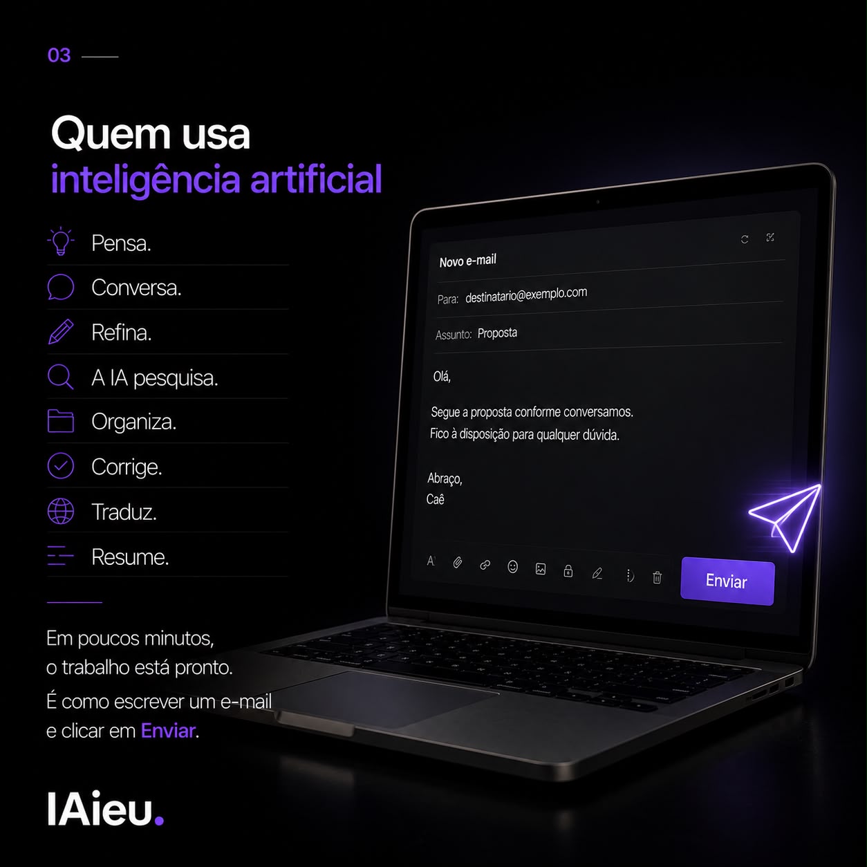 Quem usa inteligência artificial pensa, conversa, refina. Em poucos minutos o trabalho está pronto. É como escrever um e-mail e clicar em enviar.